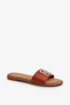 Klapki Damskie Z Ozdobą Eko Skórzane Na Płaskim Obcasie Brązowe Sadria