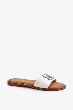 Klapki Damskie Z Ozdobą Eko Skórzane Na Płaskim Obcasie Białe Sadria
