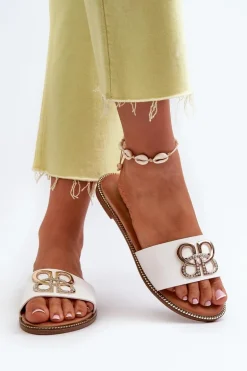 Klapki Damskie Z Ozdobą Eko Skórzane Na Płaskim Obcasie Białe Sadria