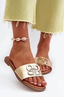 Klapki Damskie Z Ozdobą Eko Skórzane Na Płaskim Obcasie Złote Sadria