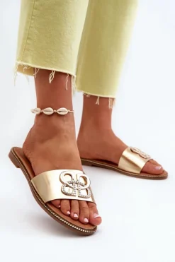 Klapki Damskie Z Ozdobą Eko Skórzane Na Płaskim Obcasie Złote Sadria