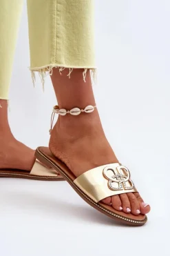 Klapki Damskie Z Ozdobą Eko Skórzane Na Płaskim Obcasie Złote Sadria