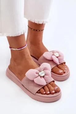 Klapki Damskie Z Ozdobą Na Niskiej Platformie Różowe Cedrella