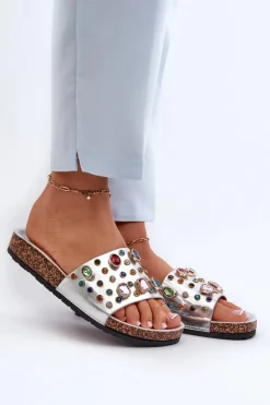 Klapki Damskie Z Ozdobami S.Barski MY122 Srebrne