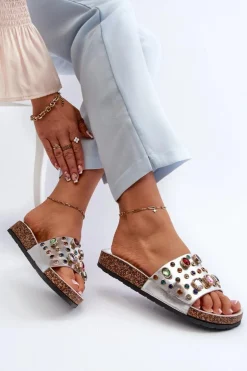 Klapki Damskie Z Ozdobami S.Barski MY122 Srebrne