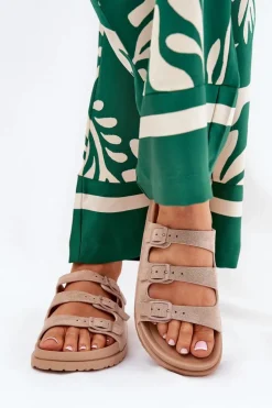 Klapki Damskie Z Paskami I Klamrami Beżowe Uliri