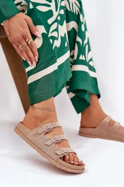 Klapki Damskie Z Paskami I Klamrami Beżowe Uliri