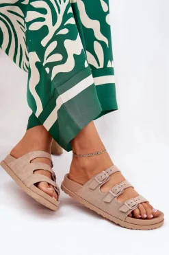 Klapki Damskie Z Paskami I Klamrami Beżowe Uliri