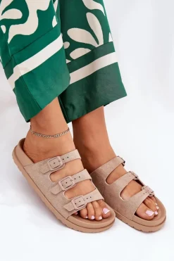 Klapki Damskie Z Paskami I Klamrami Beżowe Uliri