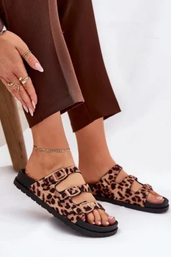 Klapki Damskie Z Paskami I Klamrami W Panterkę Brązowe Uliri