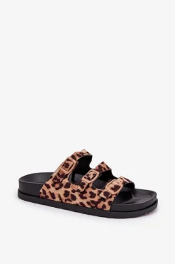 Klapki Damskie Z Paskami I Klamrami W Panterkę Brązowe Uliri