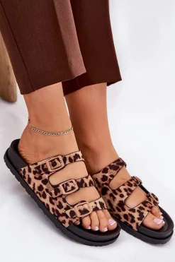 Klapki Damskie Z Paskami I Klamrami W Panterkę Brązowe Uliri