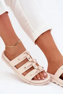 Klapki Damskie Z Paskami Jasnobeżowe Pasiriela