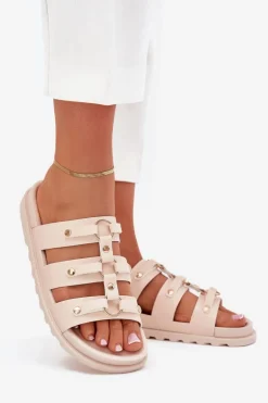 Klapki Damskie Z Paskami Jasnobeżowe Pasiriela