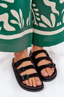 Klapki Damskie Z Paskami I Klamrami Czarne Uliri