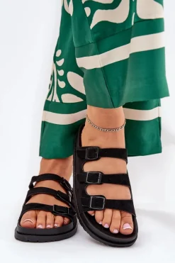 Klapki Damskie Z Paskami I Klamrami Czarne Uliri