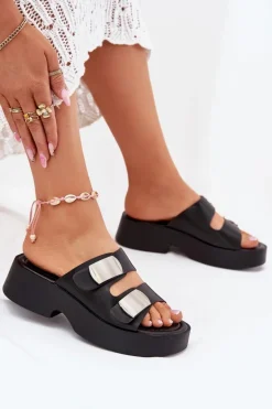 Klapki Damskie Z Paskami Eko Skórzane Czarne Falenisse