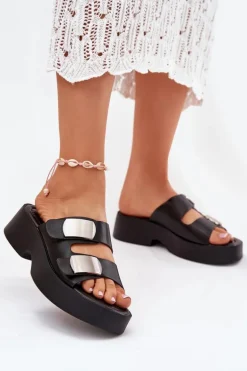 Klapki Damskie Z Paskami Eko Skórzane Czarne Falenisse