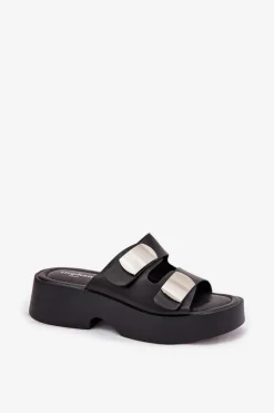 Klapki Damskie Z Paskami Eko Skórzane Czarne Falenisse