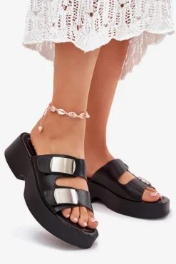 Klapki Damskie Z Paskami Eko Skórzane Czarne Falenisse