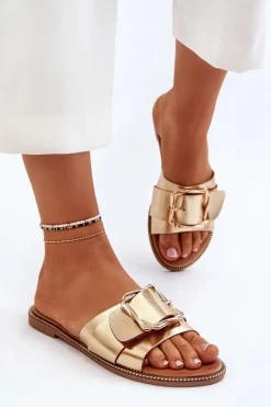 Klapki Damskie Z Paskiem I Klamrą Złote Opahiri