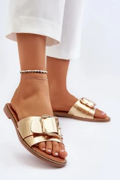 Klapki Damskie Z Paskiem I Klamrą Złote Opahiri