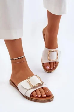 Klapki Damskie Z Paskiem I Klamrą Białe Opahiri