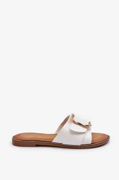 Klapki Damskie Z Paskiem I Klamrą Białe Opahiri