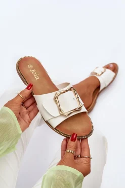 Klapki Damskie Z Paskiem I Klamrą Białe Opahiri