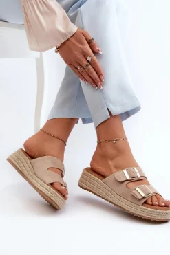 Klapki Damskie Z Plecionką Eko Zamszowe Beżowe Zaloemi