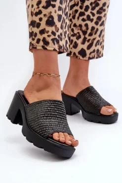 Klapki Damskie z Plecionką Na Obcasie Czarne Titantha