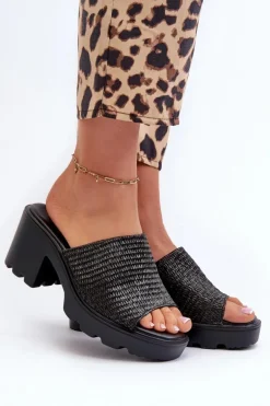 Klapki Damskie z Plecionką Na Obcasie Czarne Titantha