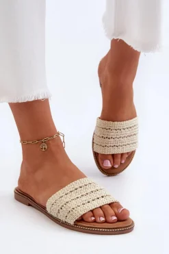 Klapki Damskie Z Plecionką Na Płaskim Obcasie Jasnobeżowe Radians