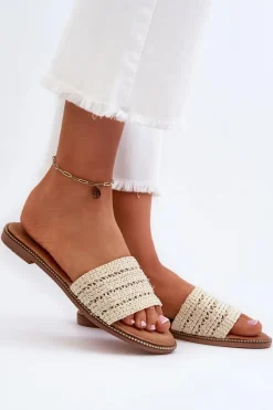 Klapki Damskie Z Plecionką Na Płaskim Obcasie Jasnobeżowe Radians