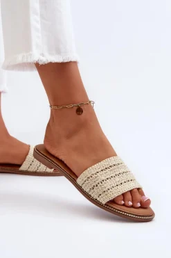 Klapki Damskie Z Plecionką Na Płaskim Obcasie Jasnobeżowe Radians