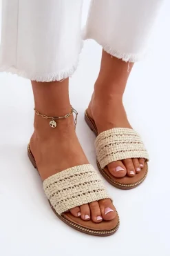 Klapki Damskie Z Plecionką Na Płaskim Obcasie Jasnobeżowe Radians