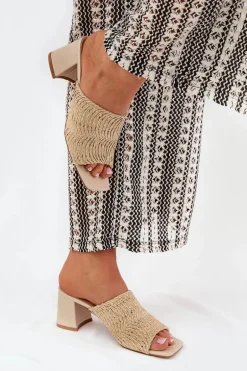 Klapki Damskie Z Plecionką Na Obcasie Beżowe Ciariloria