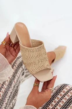 Klapki Damskie Z Plecionką Na Obcasie Beżowe Ciariloria