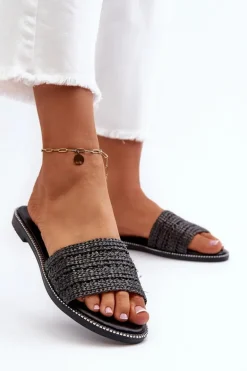 Klapki Damskie Z Plecionką Na Płaskim Obcasie Czarne Radians