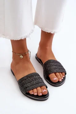 Klapki Damskie Z Plecionką Na Płaskim Obcasie Czarne Radians
