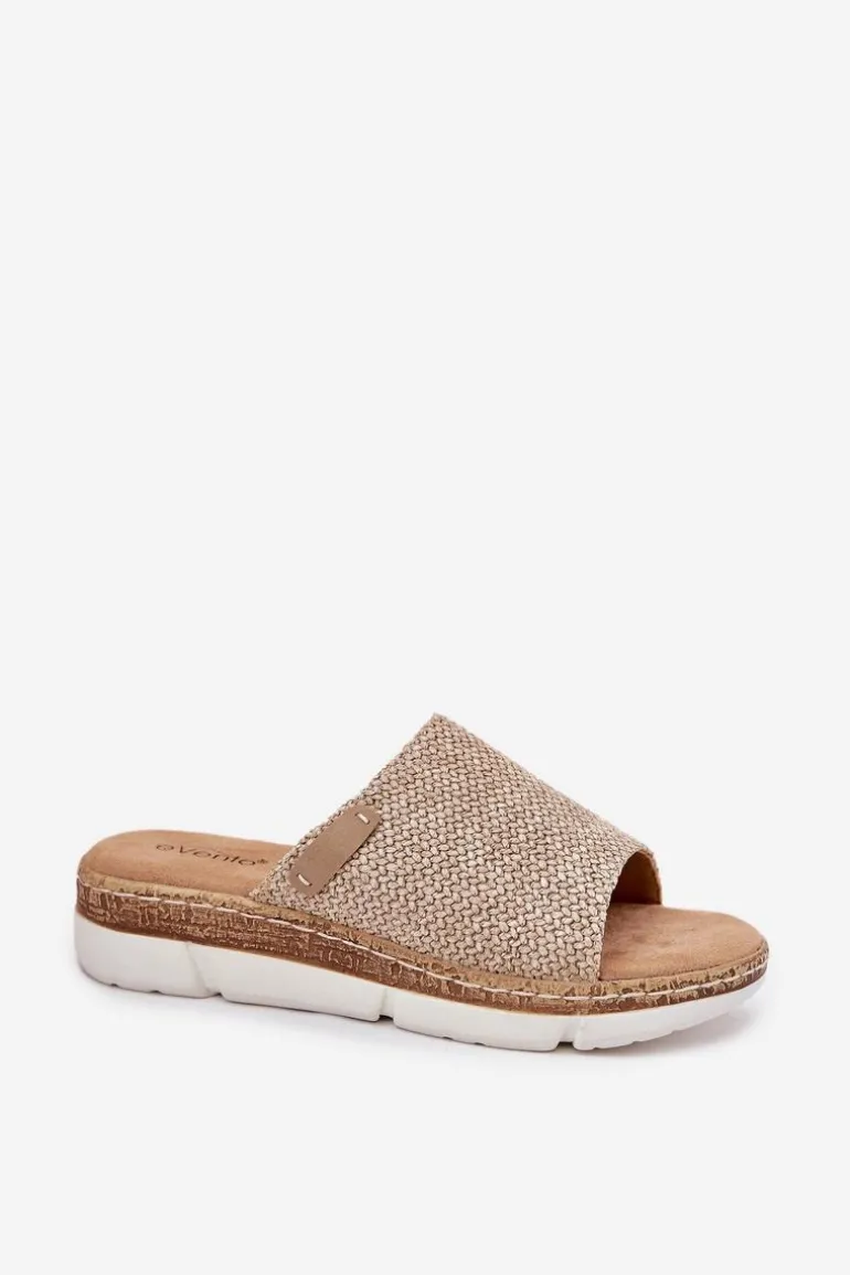 Klapki Damskie Z Plecionką Na Koturnie Beżowe Norozi