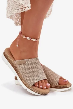 Klapki Damskie Z Plecionką Na Koturnie Beżowe Norozi