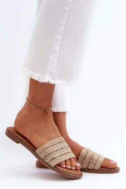 Klapki Damskie Z Plecionką Na Płaskim Obcasie Beżowe Radians