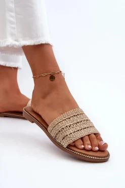 Klapki Damskie Z Plecionką Na Płaskim Obcasie Beżowe Radians
