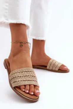 Klapki Damskie Z Plecionką Na Płaskim Obcasie Beżowe Radians