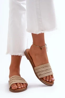 Klapki Damskie Z Plecionką Na Płaskim Obcasie Beżowe Radians