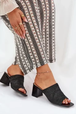 Klapki Damskie Z Plecionką Na Obcasie Czarne Ciariloria