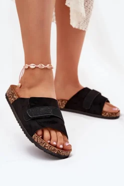 Klapki Damskie Z Rzepem Na Korkowej Platformie Czarne Baylin