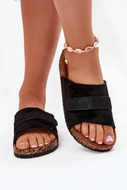 Klapki Damskie Z Rzepem Na Korkowej Platformie Czarne Baylin