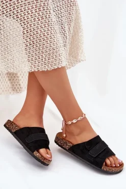 Klapki Damskie Z Rzepem Na Korkowej Platformie Czarne Baylin